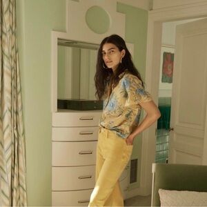 MADEWELL | RUFFLE SLEEVE BUTTON DOWN SHIRT PAINTED BLOOMS VAN GREEK GOLD MEDIUM